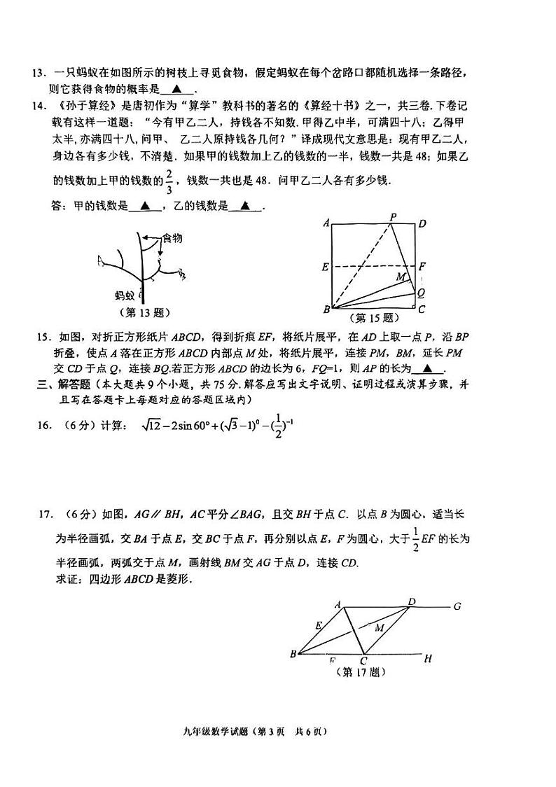 湖北省荆门市钟祥市2024年初中学业水平调研测试数学试卷(图片版)第3页