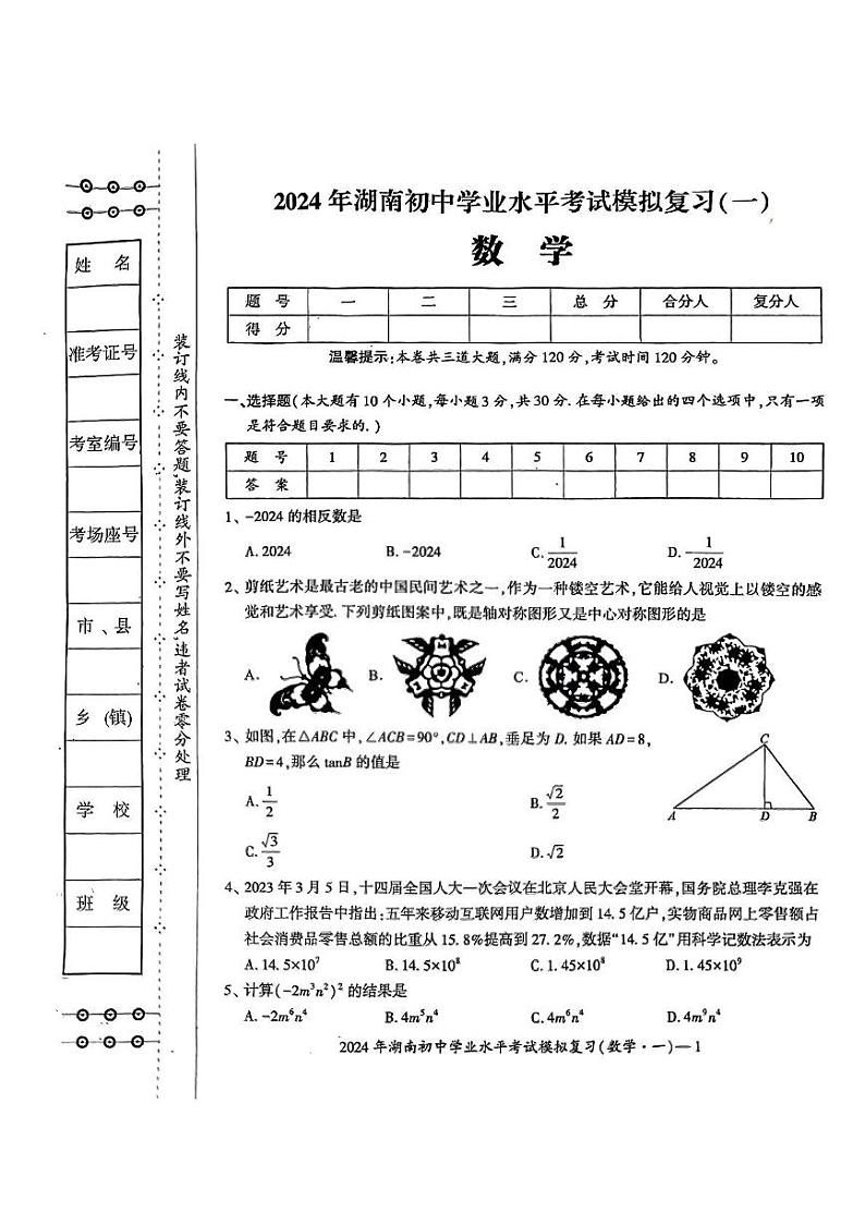 湖南省邵阳市新宁县水庙镇中心学校2024年九年级中考数学模拟试卷(图片版)第1页