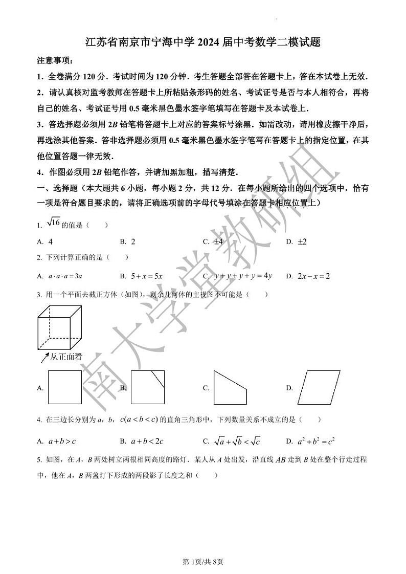 2024年江苏省南京市宁海中学中考数学二模试题（原卷版）第1页