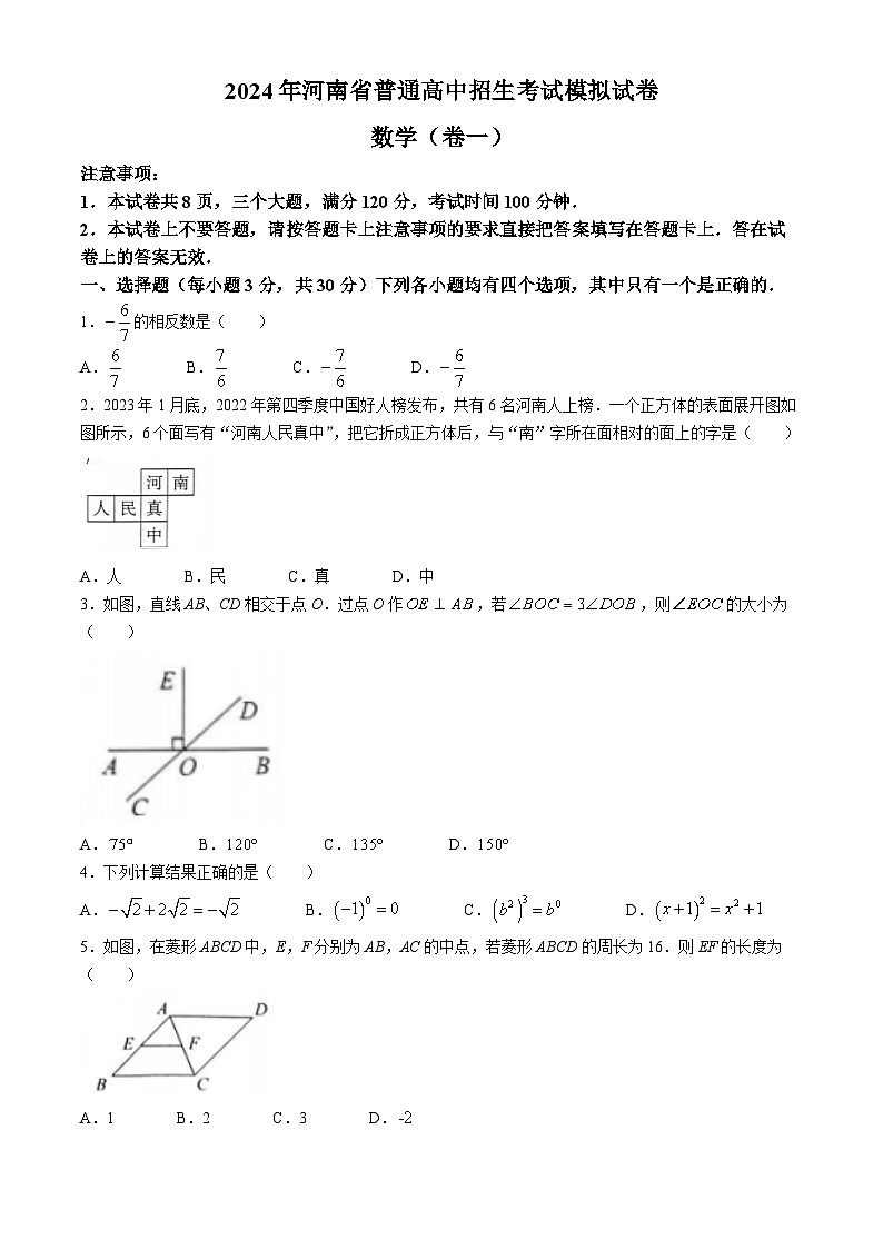 2024年河南省驻马店市确山县八校联考中考一模数学试题(无答案)第1页
