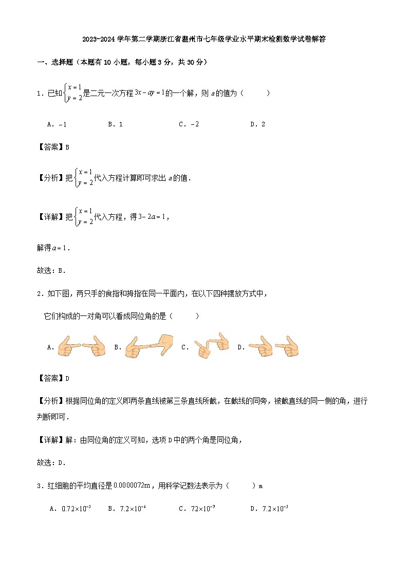 2023-2024学年第二学期浙江省温州市七年级学业水平期末检测数学试卷解答01