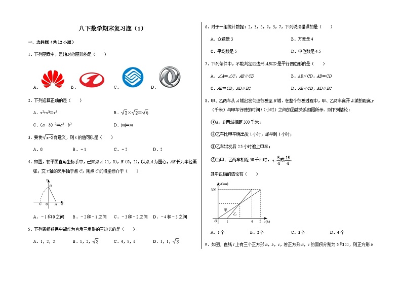 2022-2023学年人教版八年级下册数学期末复习题（1）第1页