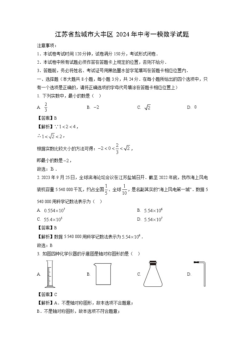 数学：江苏省盐城市大丰区2024年中考一模试题（解析版）01