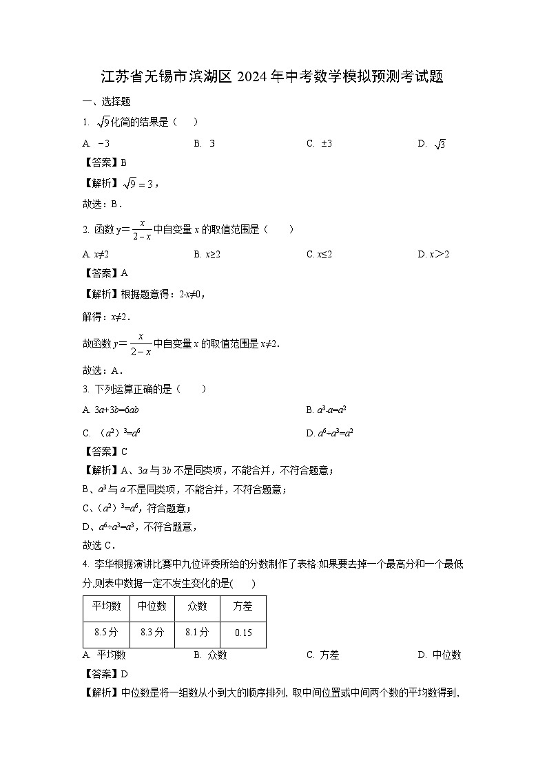 数学：江苏省无锡市滨湖区2024年中考模拟预测考试题（解析版）01