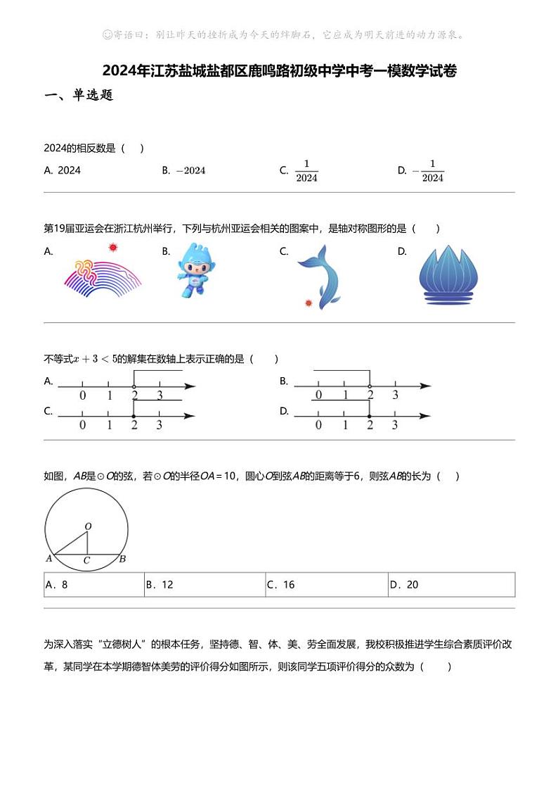 2024年江苏盐城盐都区鹿鸣路初级中学中考一模数学试卷01