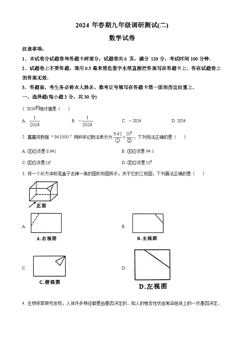 2024年河南省南阳市西峡县九年级中考二模考试数学试题（原卷版）第1页