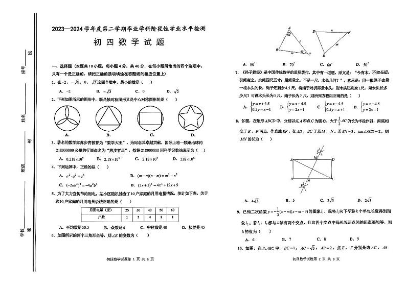 2024年山东省淄博市张店区中考二模数学试卷第1页