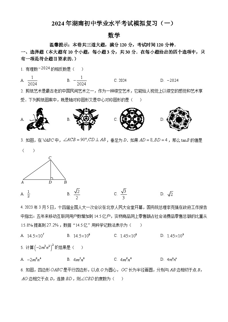 2024年湖南省新宁县水庙镇中心学校中考模拟数学试题（原卷版）第1页