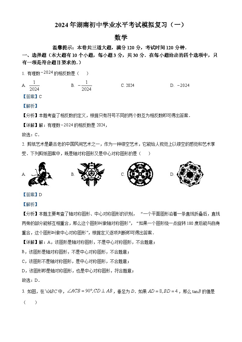 2024年湖南省新宁县水庙镇中心学校中考模拟数学试题（解析版）第1页