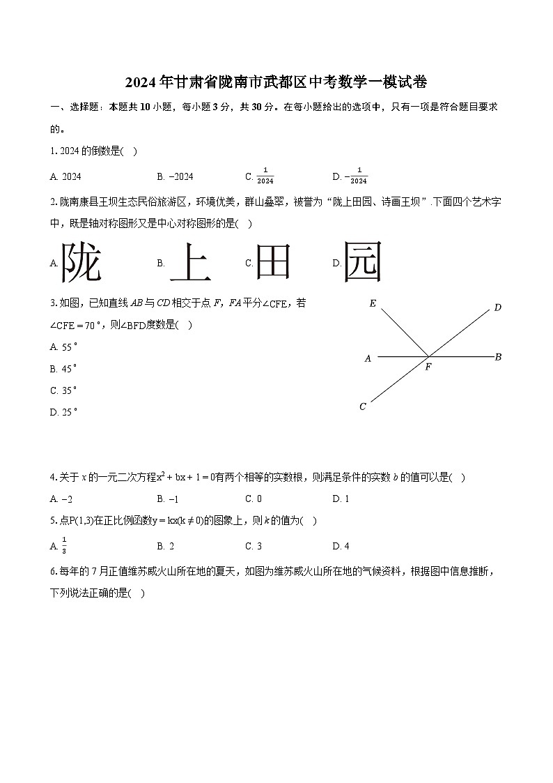 2024年甘肃省陇南市武都区中考数学一模试卷（含详细答案解析）01