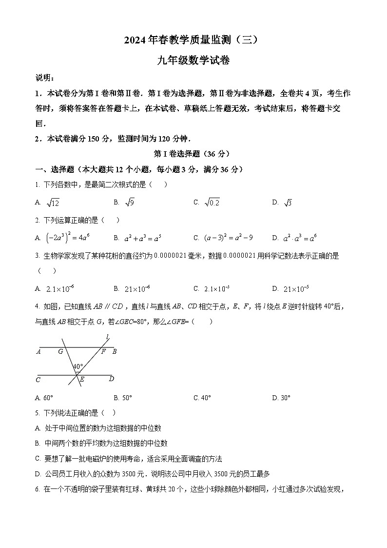 2024年四川省德阳市中江县九年级中考三模数学试题（学生版+教师版）01
