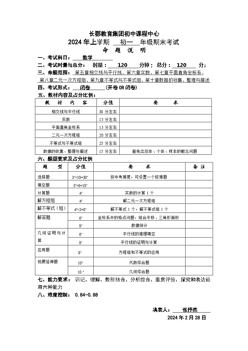 2024年长郡教育集团上学期初一年级数学期末考试命题说明第1页