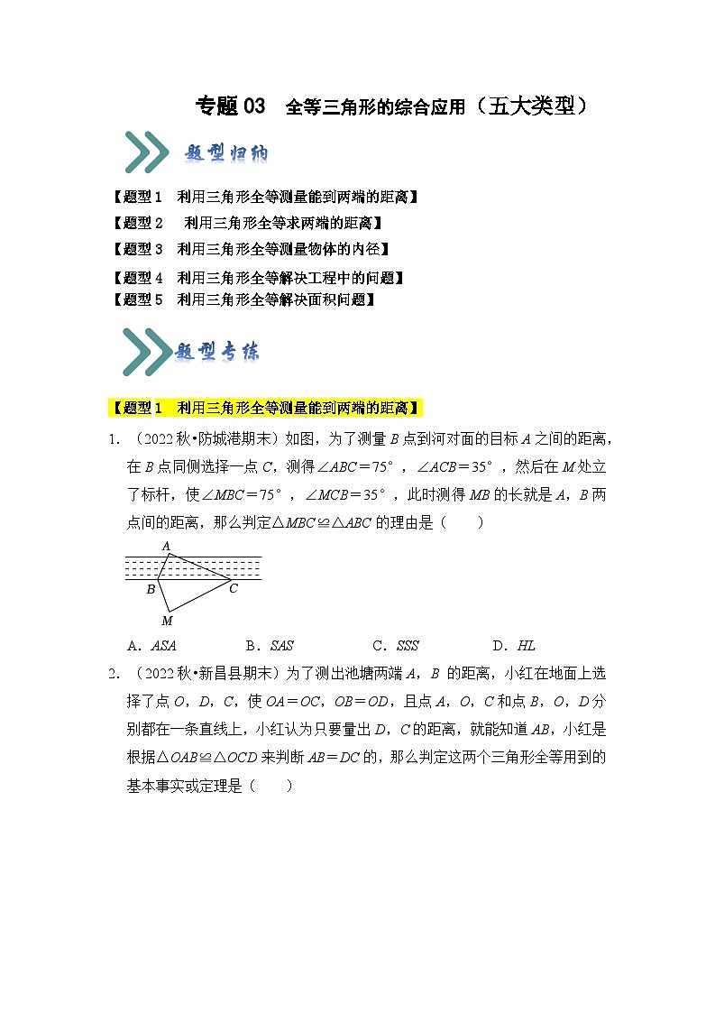 苏科版数学八年级上学期-专题03 全等三角形的综合应用（五大类型）（题型专练）（原卷版+解析版）01