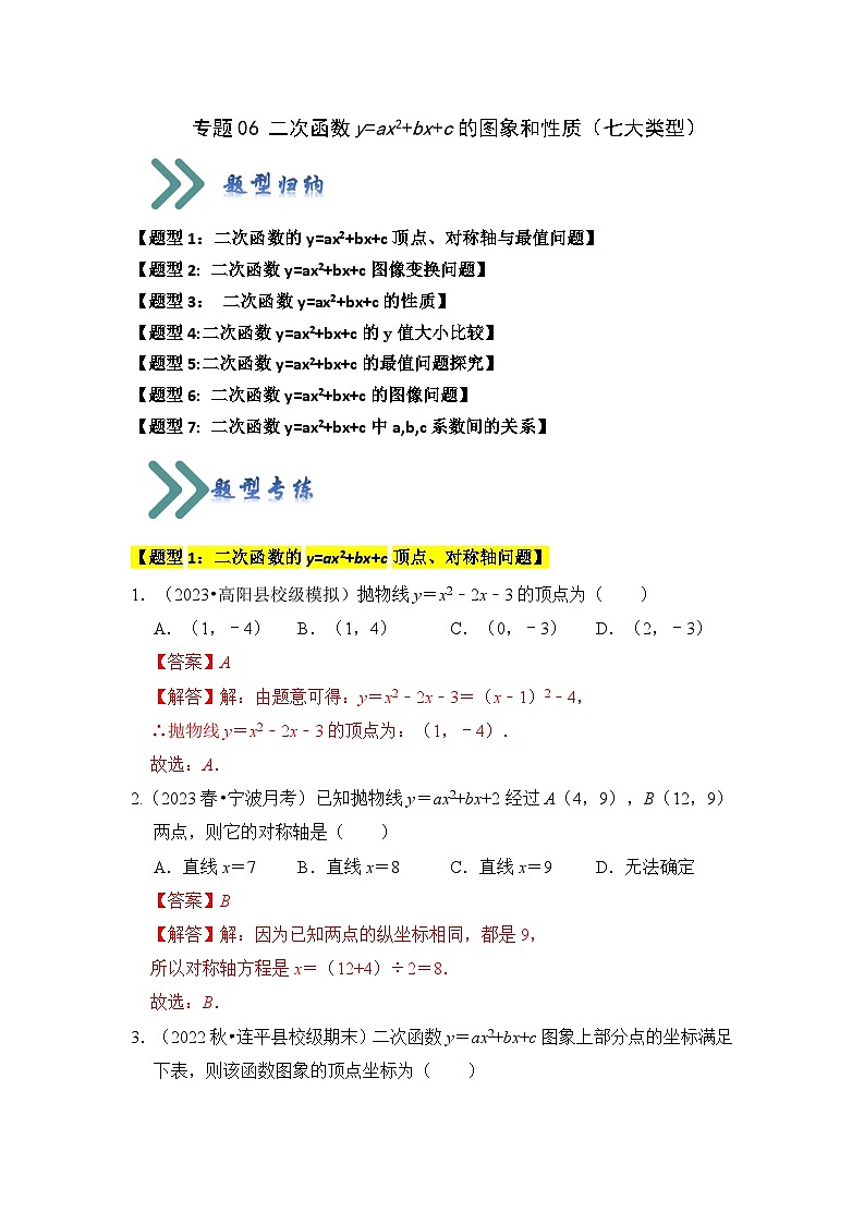 专题06 二次函数y=ax2+bx+c的图象和性质（七大类型）（题型专练）（原卷版+解析版）01