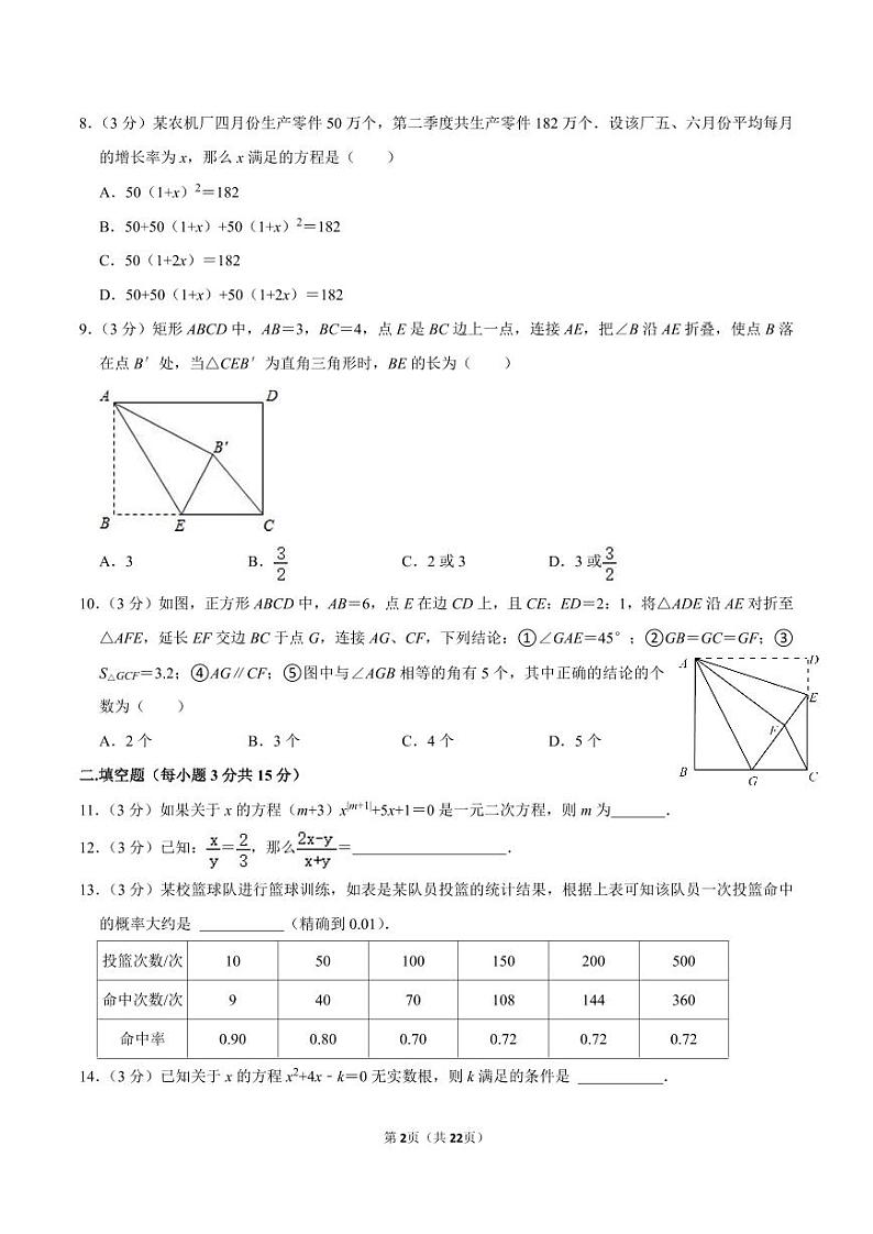 2021-2022学年广东省深圳市罗湖区翠园初级学校九年级（上）月考数学试卷（10月份）02