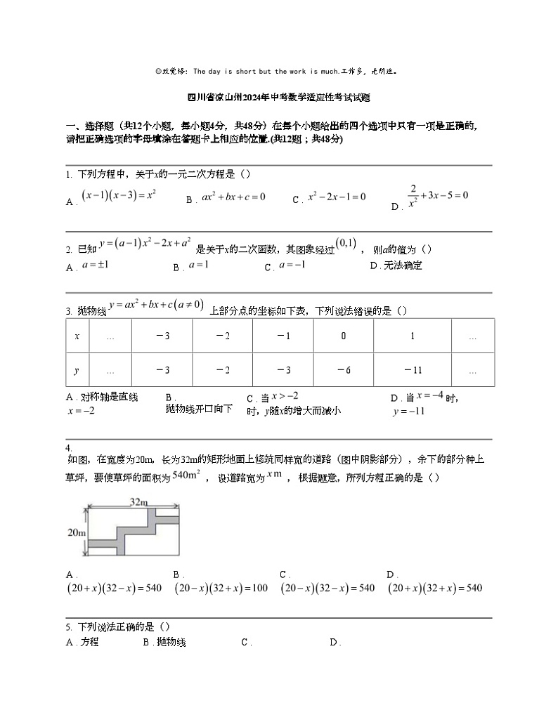 四川省凉山州2024年中考数学适应性考试试题第1页