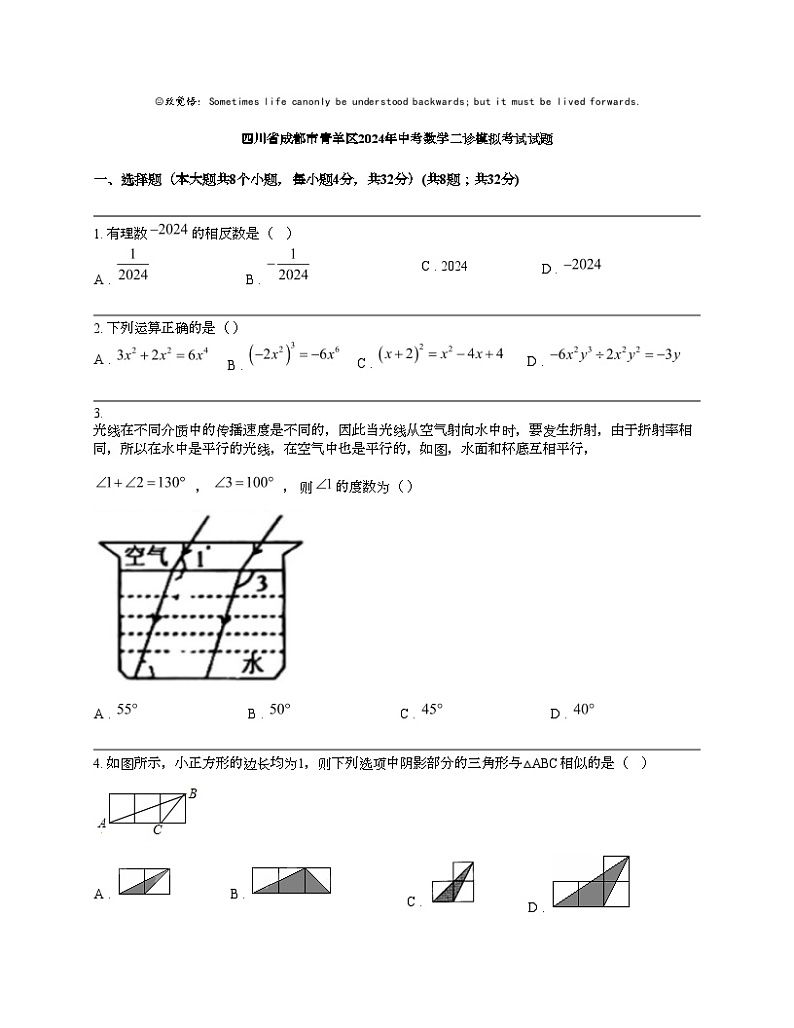 四川省成都市青羊区2024年中考数学二诊模拟考试试题第1页
