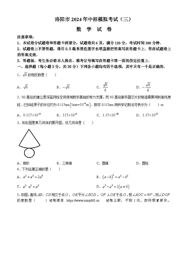 17， 2024年河南省洛阳市九年级中考第三次模拟考试数学试卷第1页