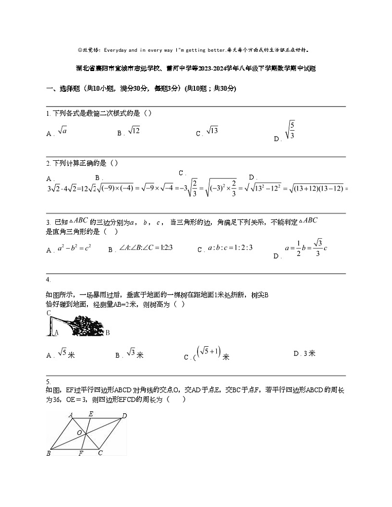 湖北省襄阳市宜城市志远学校、雷河中学等2023-2024学年八年级下学期数学期中试题第1页