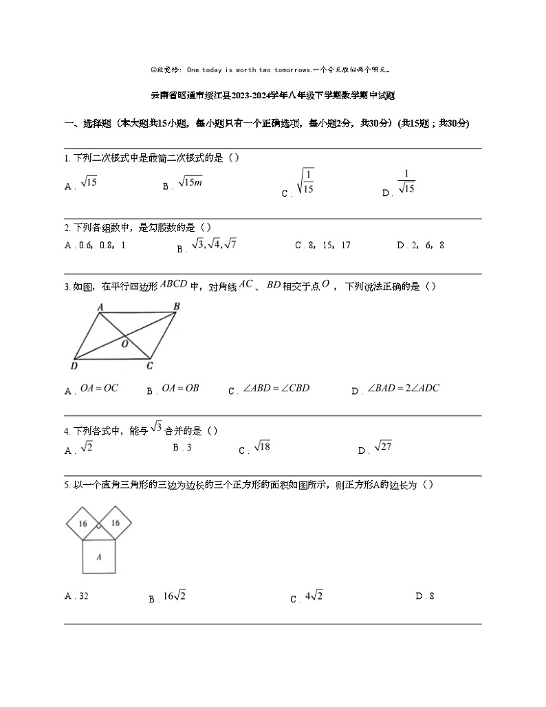 云南省昭通市绥江县2023-2024学年八年级下学期数学期中试题第1页
