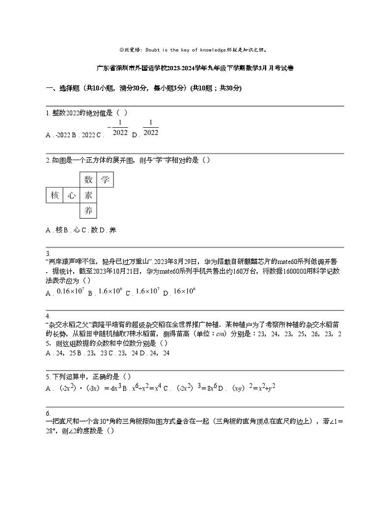 广东省深圳市外国语学校2023-2024学年九年级下学期数学3月月考试卷01