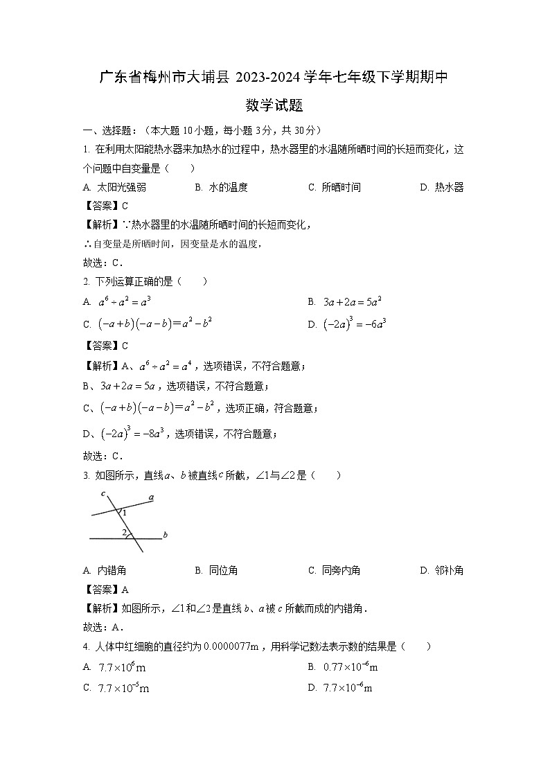 广东省梅州市大埔县2023-2024学年七年级下学期期中数学试卷（解析版）第1页