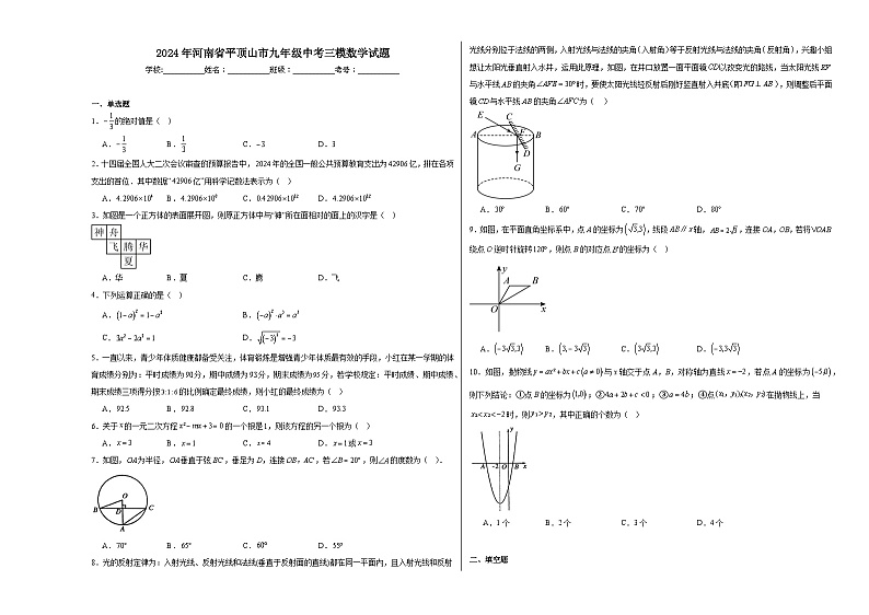 2024年河南省平顶山市九年级中考三模数学试题01