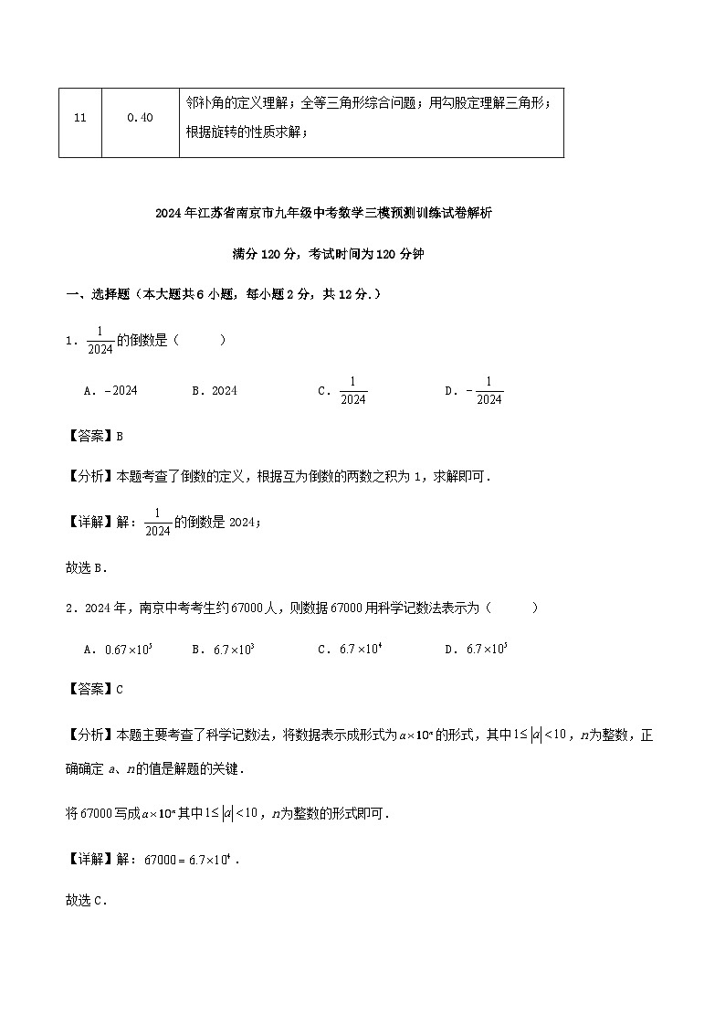 2024年江苏省南京市九年级中考数学三模预测训练试卷 解析第3页