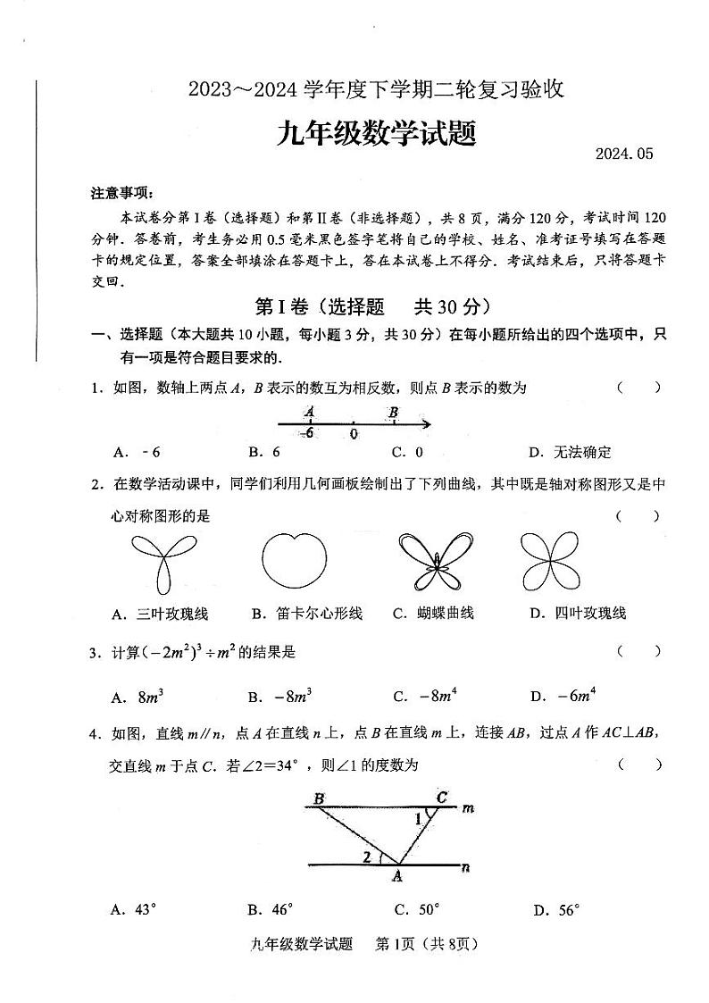 2024山东省临沂市临沭县中考二模数学试题第1页