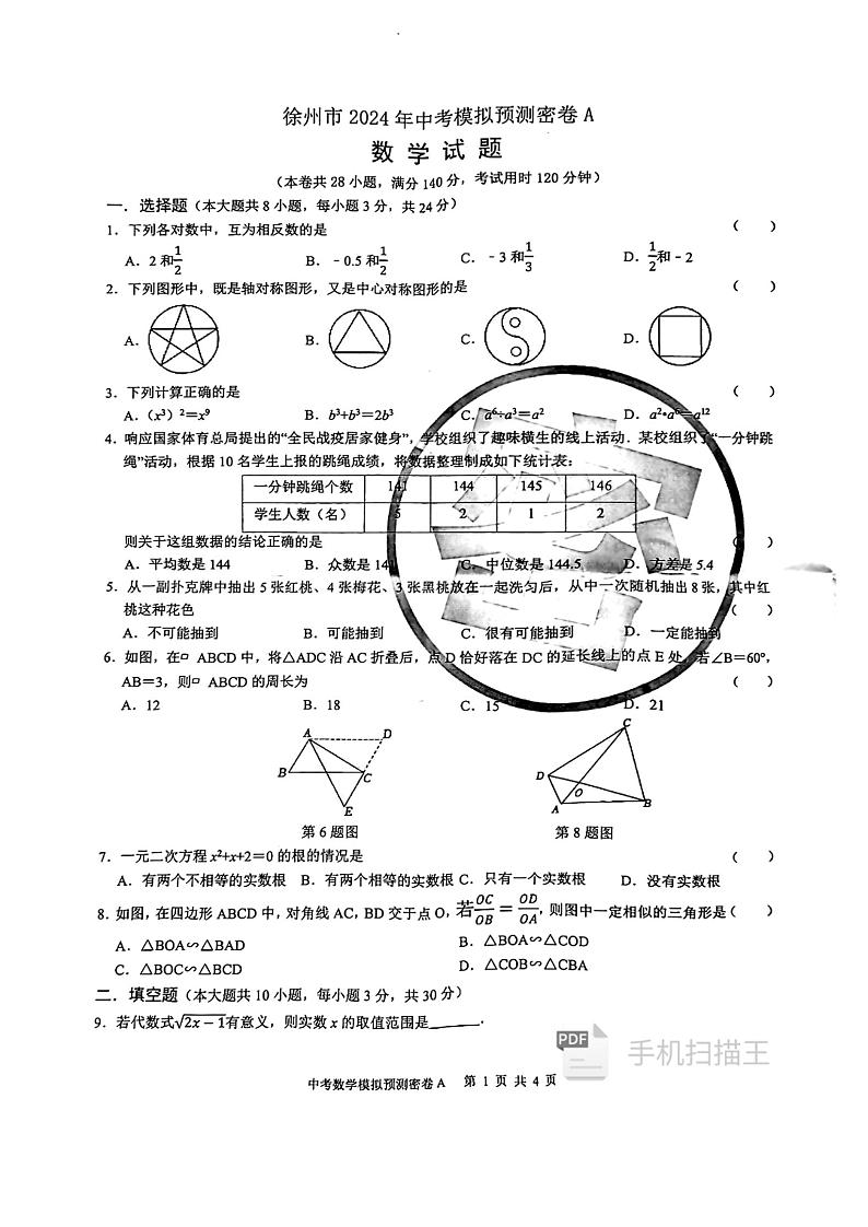 2024年江苏省徐州市睢宁高级中学附属学校中考模拟预测数学试题第1页