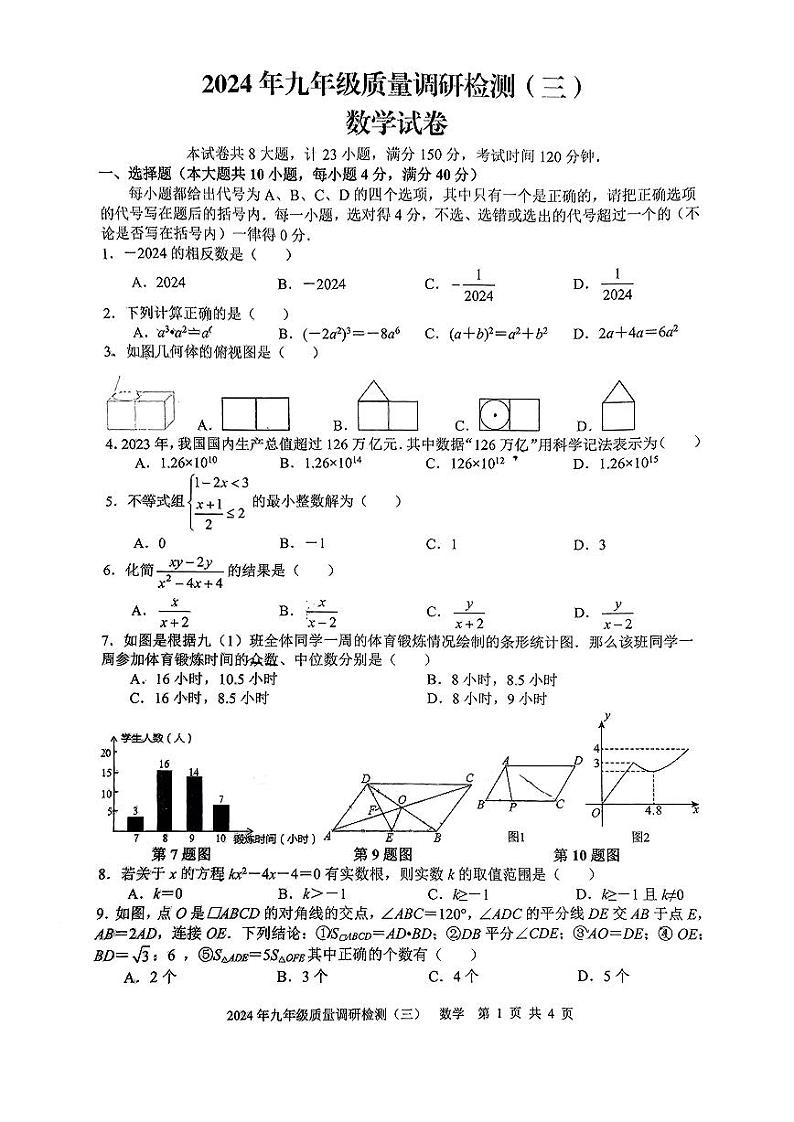 2024年安徽省合肥市五十中学中考三模数学试卷第1页