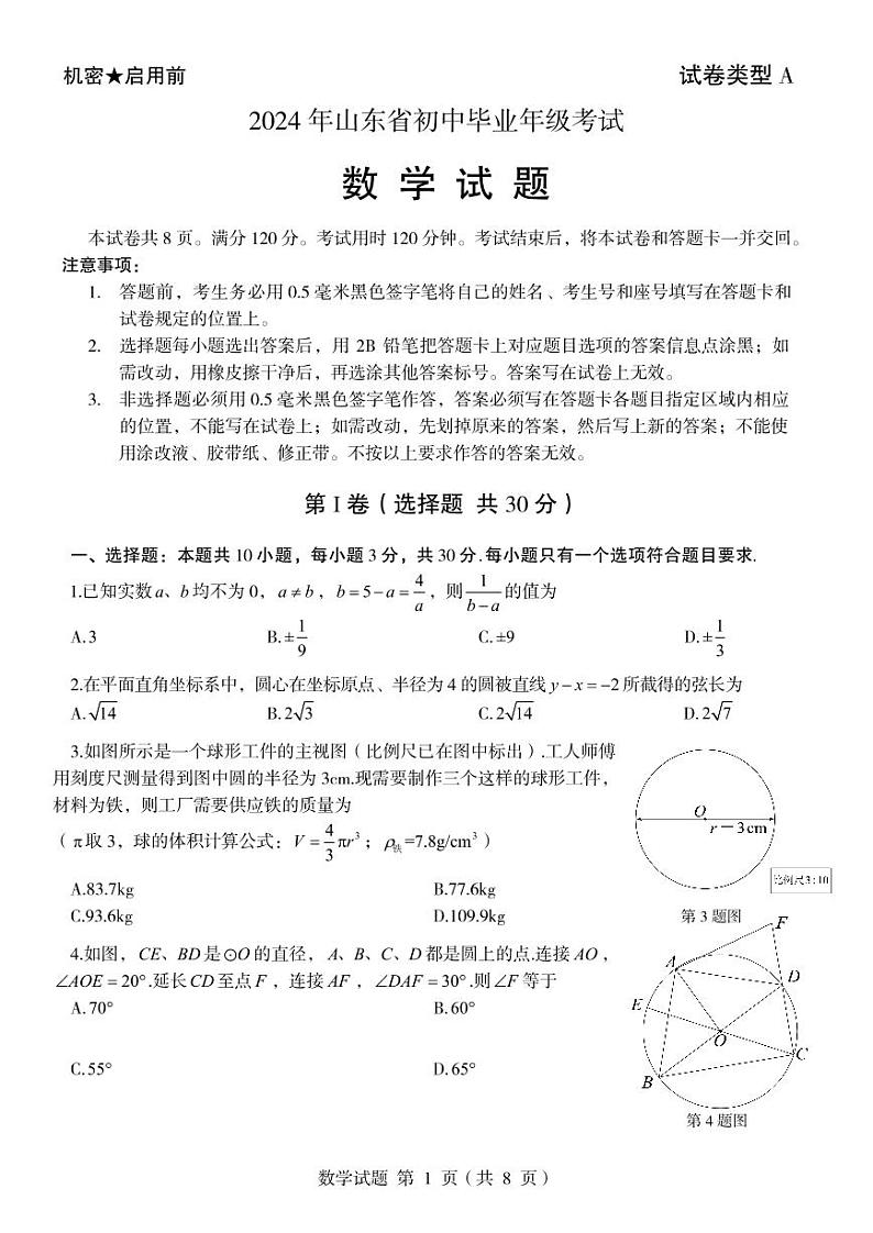 2024年山东省九年级中考数学模拟试题01