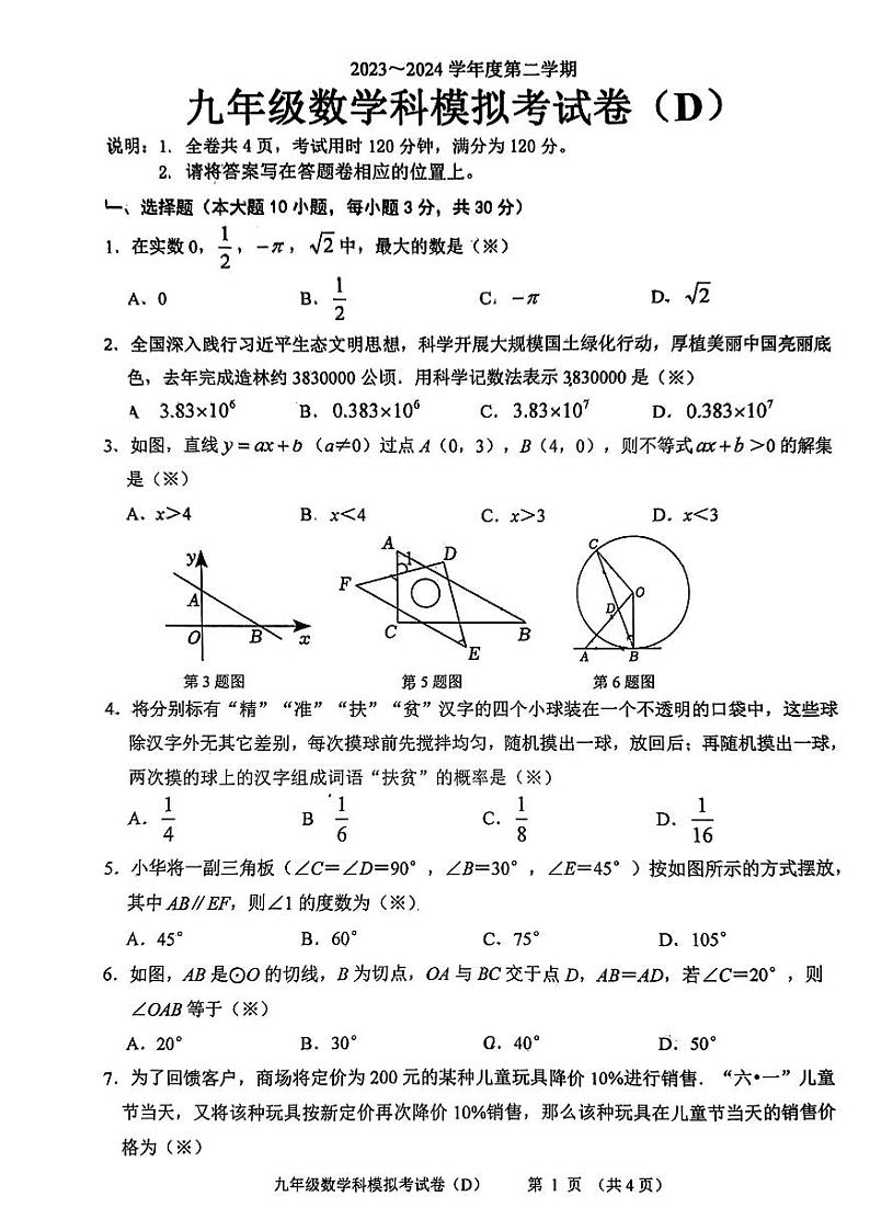 广东省汕头市潮阳区西胪镇2024年中考二模考试数学试题01