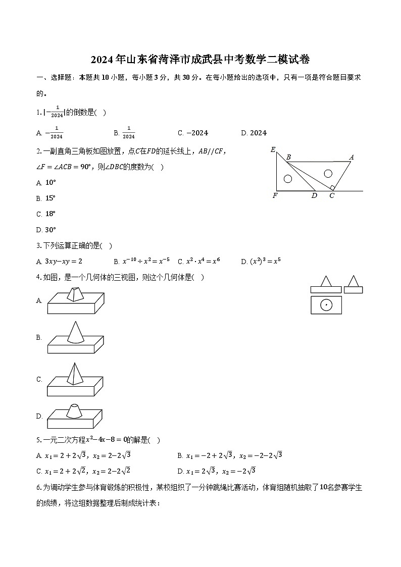 2024年山东省菏泽市成武县中考数学二模试卷（含解析）第1页