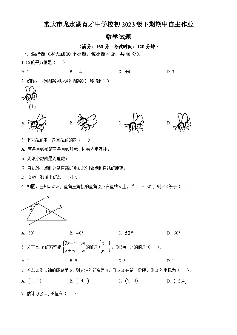 重庆市龙水湖育才中学校2023-2024学年七年级下学期期中数学试题（学生版+教师版 ）01