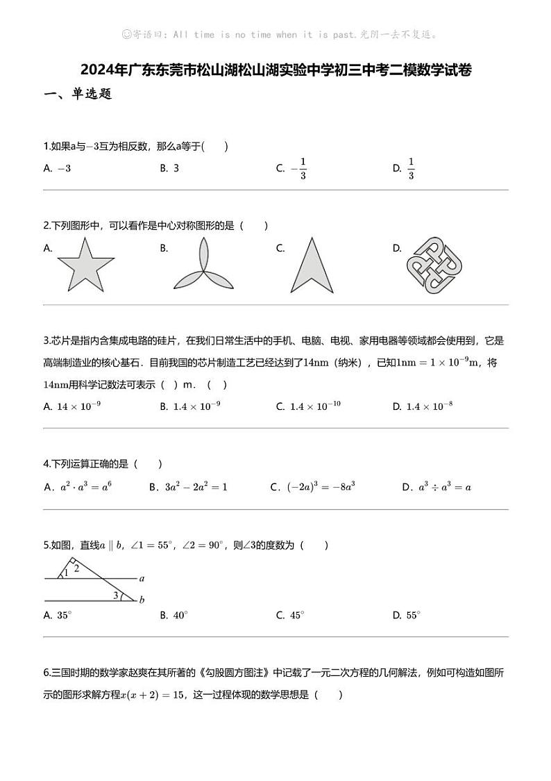 2024年广东东莞市松山湖松山湖实验中学初三中考二模数学试卷01