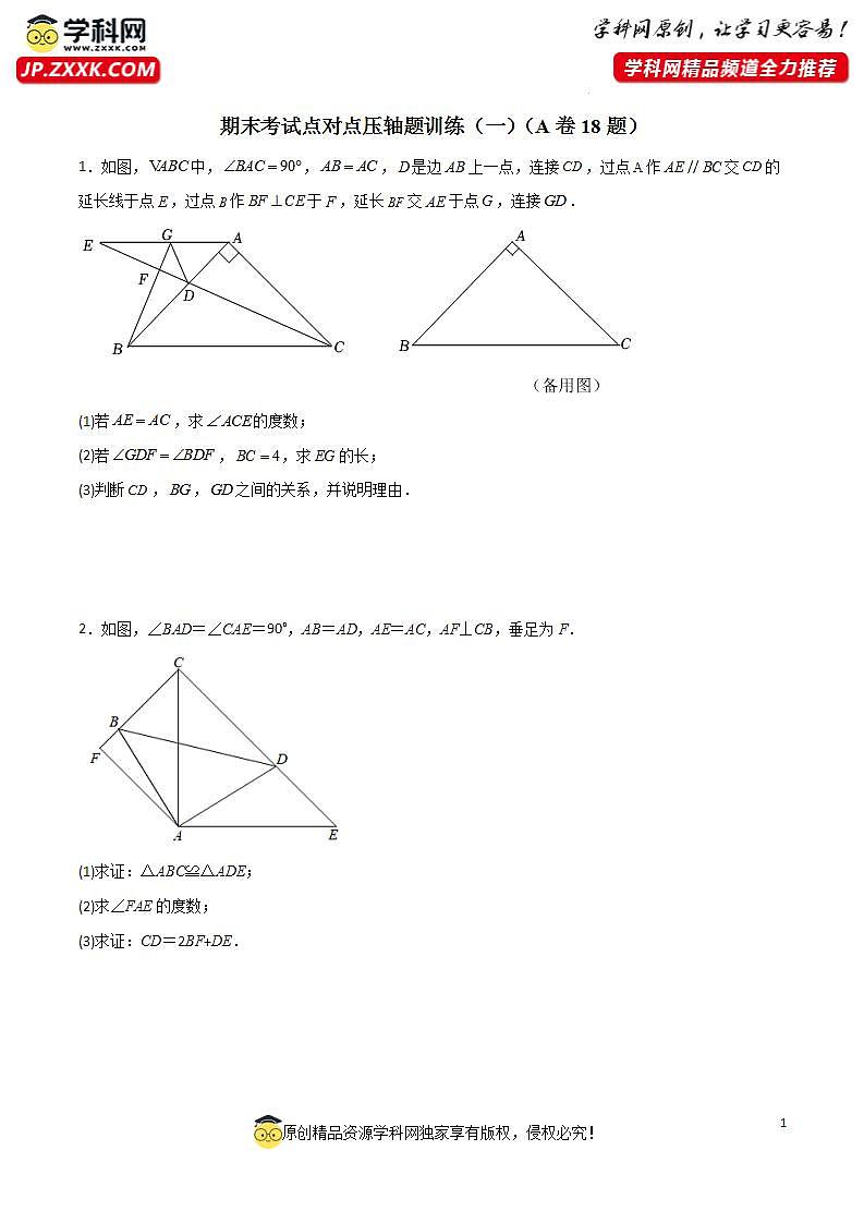 期末考试点对点压轴题训练（一）（A卷18题）（原卷版）（北师大版，成都专用）第1页