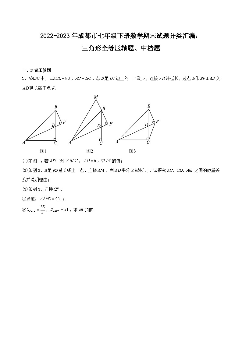 2022-2023年成都市七年级下册数学期末试题分类汇编：三角形全等压轴题、中档题（原卷）第1页