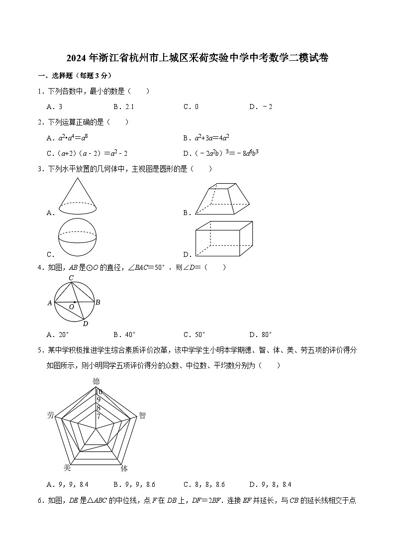 2024年浙江省杭州市采荷实验学校（公办）中考数学二模试卷第1页
