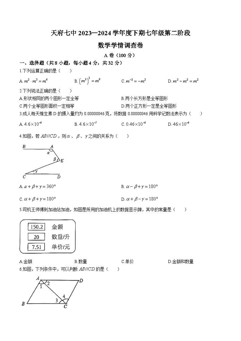 四川省成都市天府第七中学2023-2024学年七年级下学期期中数学试题(无答案)01