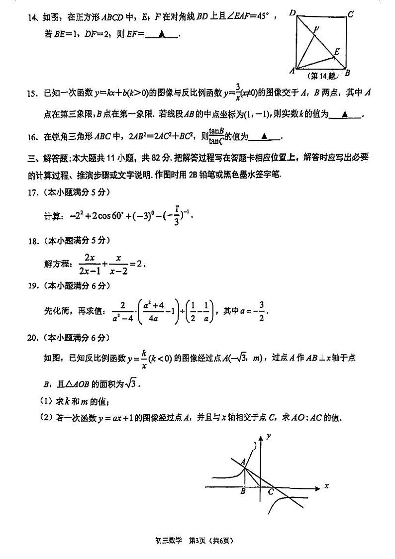 2024年江苏省苏州中学校伟长班九年级数学中考二模试卷第3页