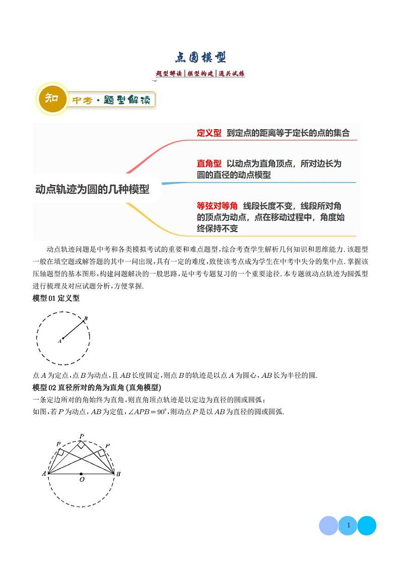 2024年中考数学答题技巧与模板构建 点圆模型（原卷版+含解析）第1页