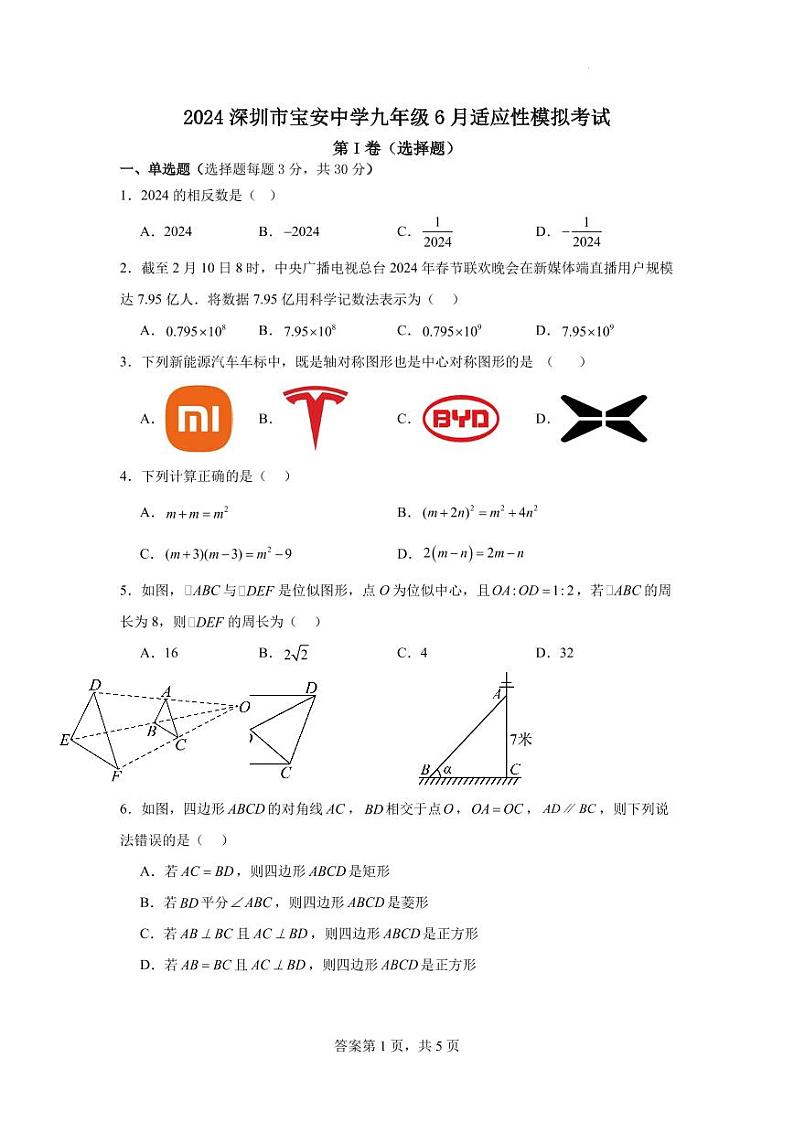 2024年广东省深圳市宝安中学九年级6月适应性考试（三模）数学试题（含答案）第1页