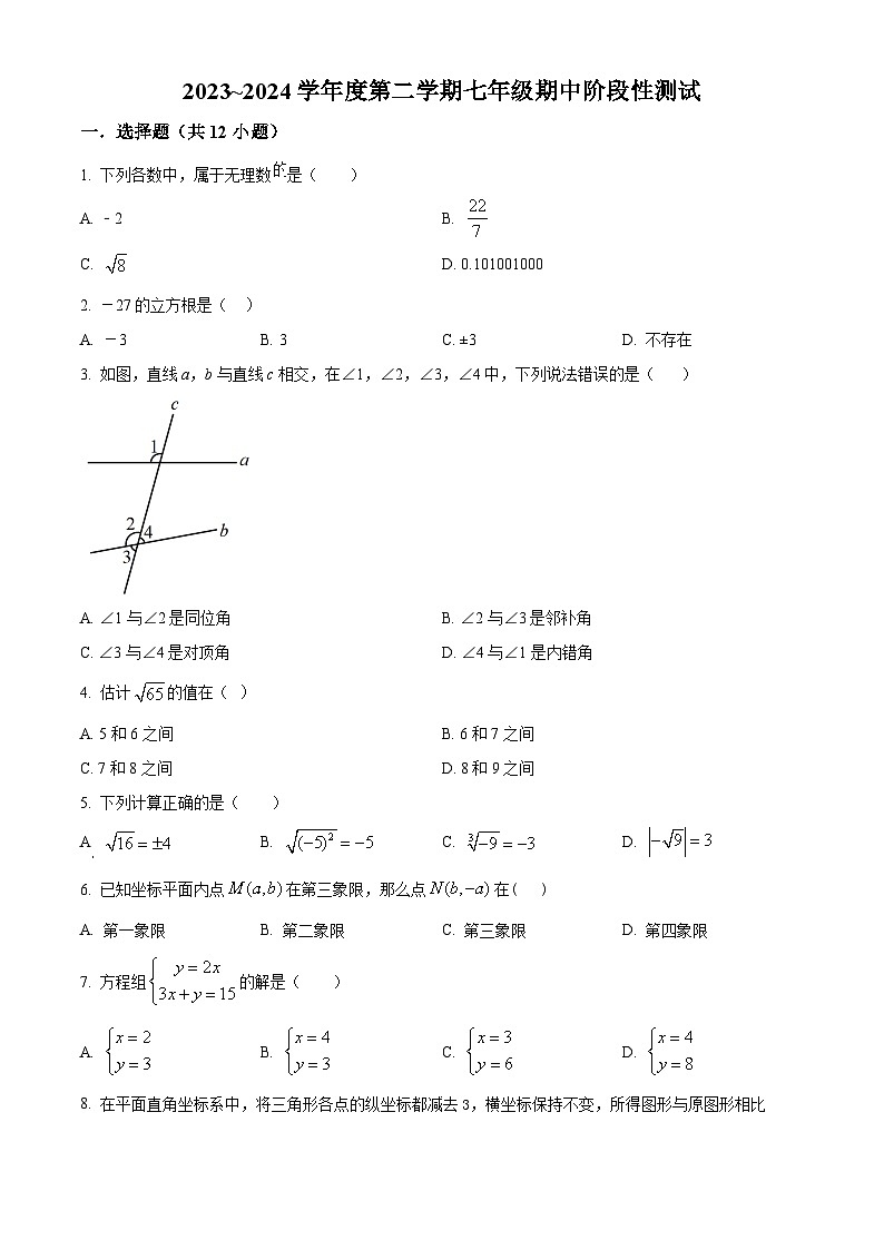 天津市宁河区桥北街实验学校2023-2024学年七年级下学期期中数学试题（学生版）第1页