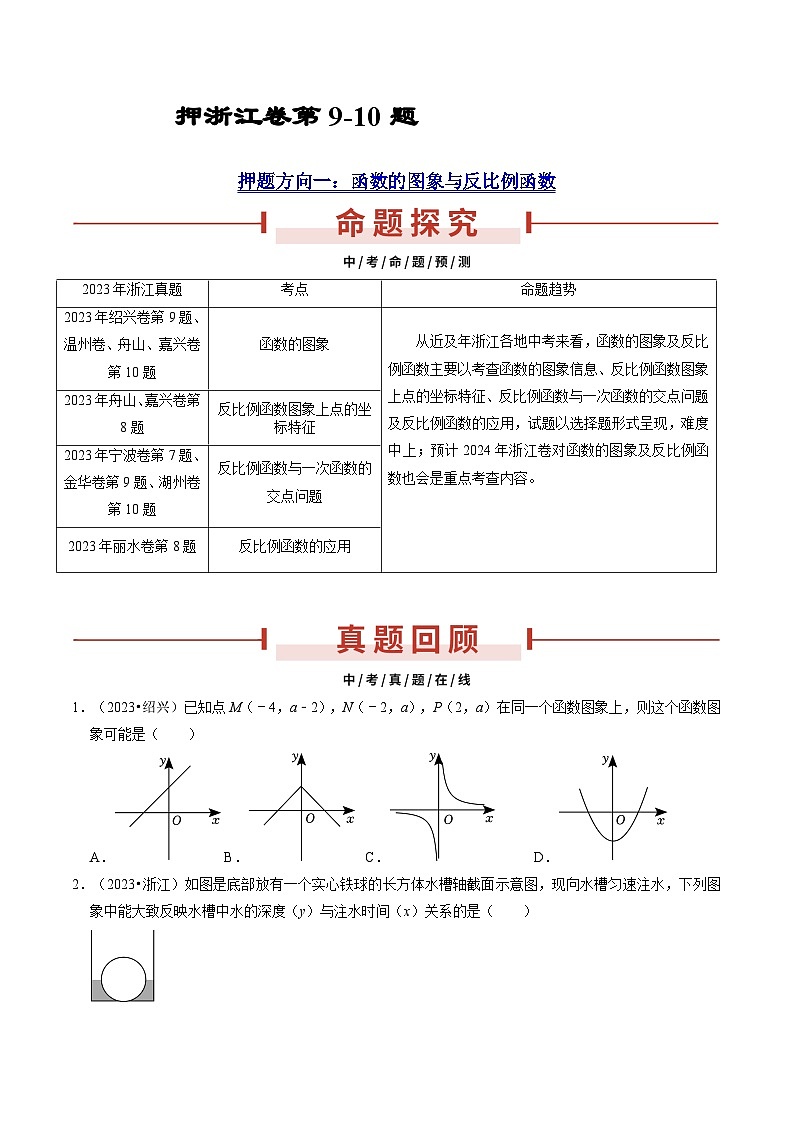 押浙江卷第9-10题（函数的图象与反比例函数、二次函数的图象与性质、特殊四边形）（原卷版）第1页