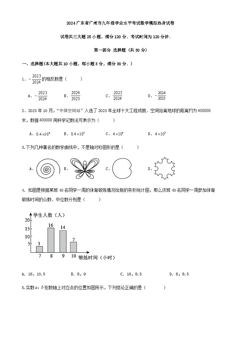 2024广东省广州市九年级学业水平考试数学模拟热身试卷第1页