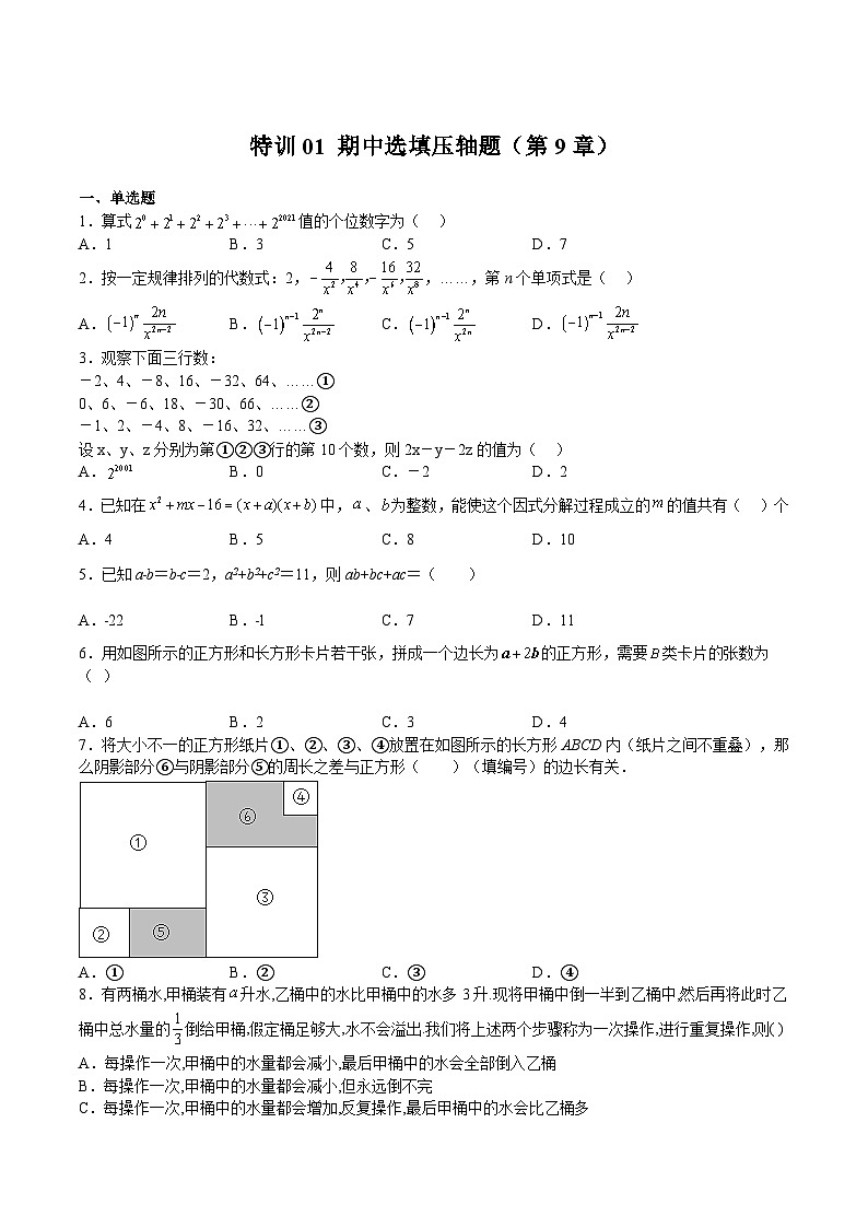 沪教版七年级数学上册期中期末挑战满分冲刺卷特训01期中选填压轴题(第9章)(原卷版+解析)01