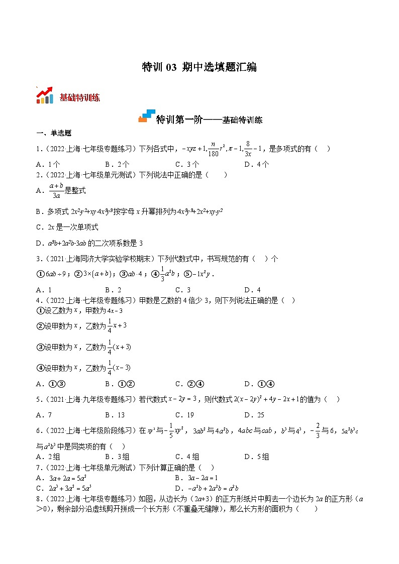 沪教版七年级数学上册期中期末挑战满分冲刺卷特训03期中选填题汇编(原卷版+解析)01