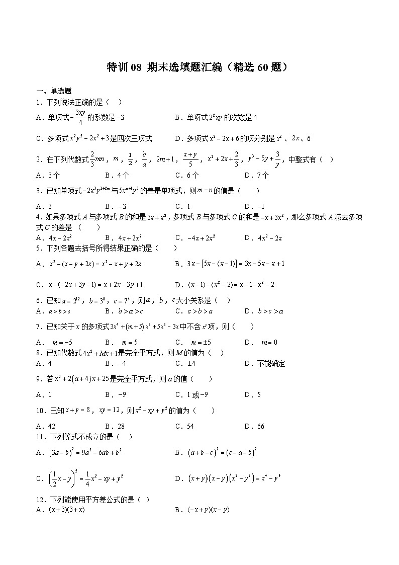 沪教版七年级数学上册期中期末挑战满分冲刺卷特训08期末选填题汇编(精选60题)(原卷版+解析)01