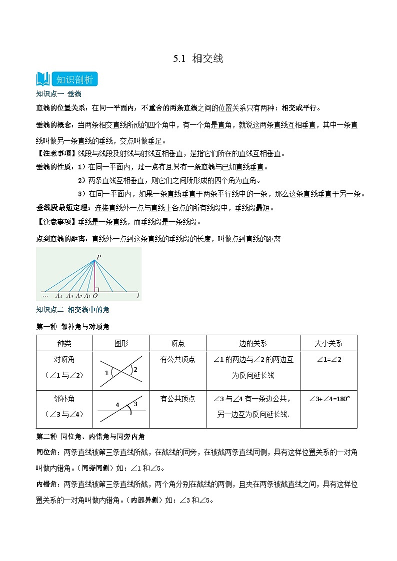 人教版七年级数学下册同步知识点剖析精品讲义5.1相交线(原卷版+解析)01